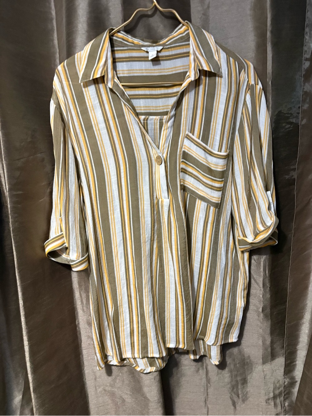 Cato Striped Button-Front Shirt in Mustard, Olive & White